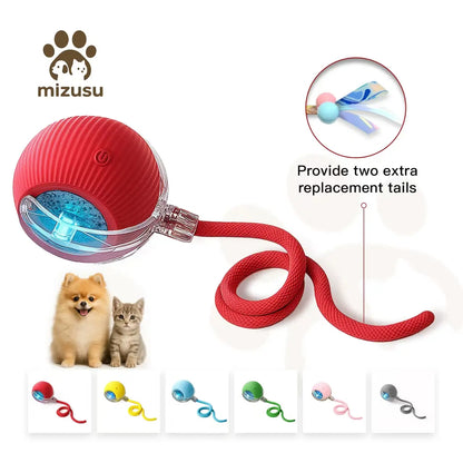 🔥🔥🔥Mizusu Interactive Pet Rolling Ball Toy with 2 Replaceable Tails, Automatic Dog & Cat Teaser Toy