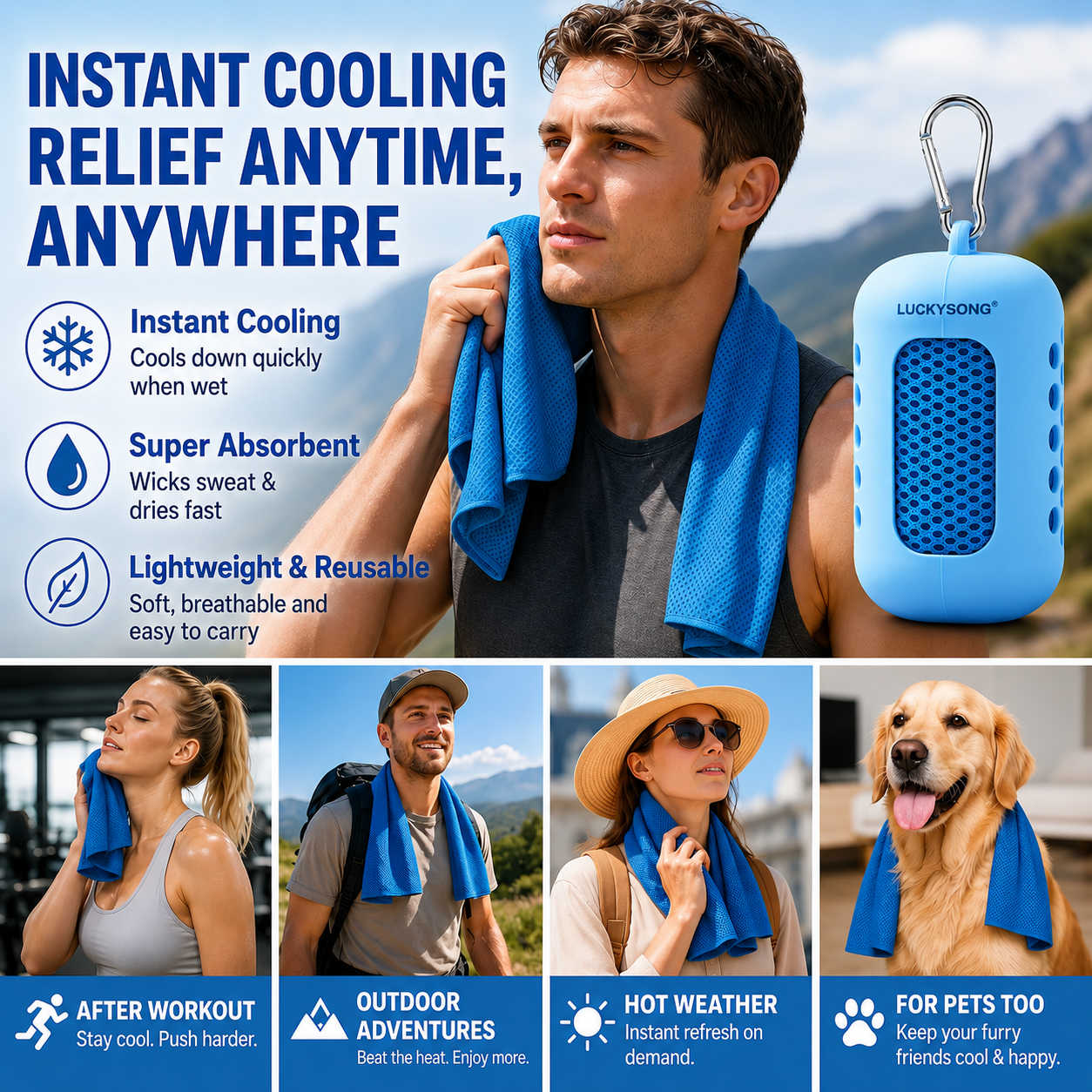 🚀❄️LUCKYSONG®🐳 Trousse de serviettes rafraîchissantes CoolFlex Pro — Confort de refroidissement amélioré avec étui silicone souple aéré, conçue pour l’entraînement, les voyages, la randonnée et les fortes chaleurs. 👑